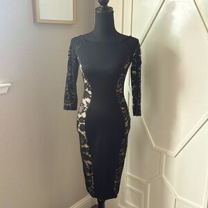 SOLD - Fitted midi dress by Bebe f/ lace panels on sides